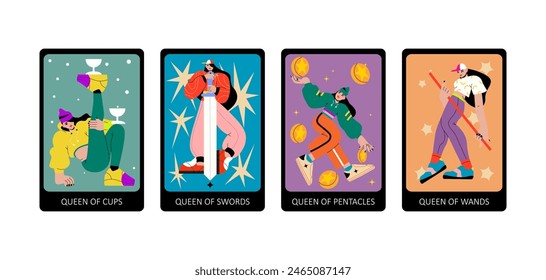 Tarot cards flat deck cartoon. Minor Arcana Suit of Queen of Cups, Swords, Pentacles and Wands. Tarot Cards. 
Trendy vector illustration.