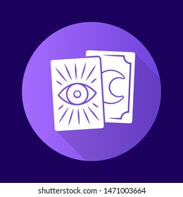 Tarot cards flat design long shadow glyph icon. Tarocchi, tarock, oracle cards. Fortune telling, divination, cartomancy. Occultism, witchcraft magical tool. Vector silhouette illustration