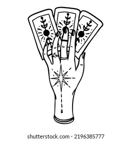 Tarot cards in fortune teller hands with tattoo. Astrology, witchcraft, book of spells. Hand drawn art, bohemian design, vector illustration isolated on white background.
