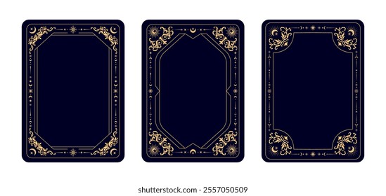 Tarot cards frames with magic esoteric and celestial symbols, vector backgrounds. Tarot cards decks covers design with golden line frame of sun and moon with stars and magic mystic esoteric ornaments