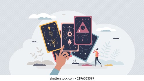 Tarot Cards For Future Prediction And Spiritual Process Tiny Person Concept. Magic Astrology Elements For Destiny Seeing And Love, Health Or Wellness Forecasting Vector Illustration. Witchcraft Deck