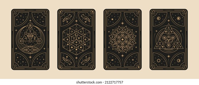 Tarot cards. Gypsy card, witches symbol for lovers mystical ritual. Divination and astrology magical frames set, line magic graphics. Tidy occult vector elements
