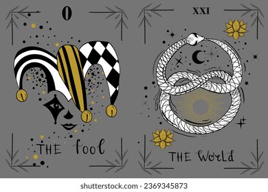 Tarot cards. Gypsy card, witches symbol for lovers mystical ritual. Divination and astrology magical frames set, line magic graphics. Tidy occult vector elements