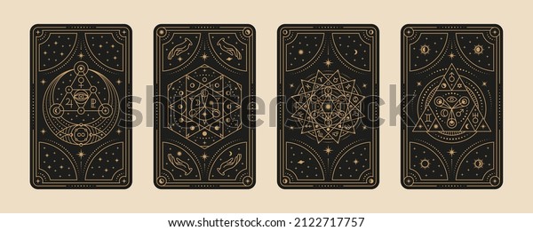 Tarot cards. Gypsy card,\
witches symbol for lovers mystical ritual. Divination and astrology\
magical frames set, line magic graphics. Tidy occult vector\
elements