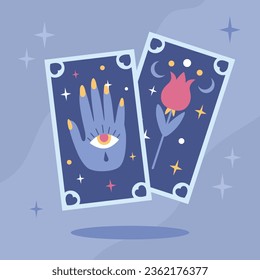 Tarot cards with hamsa hand, flower, isoteric eye illustration in flat cartoon style. Magic witchcraft Halloween attributes.