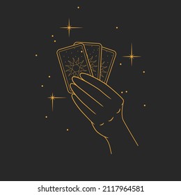 Tarot Karten in der Hand. Vektorgrafik, linear, einzeln auf dunklem Hintergrund