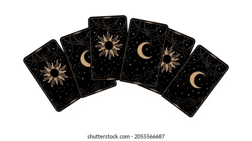 Tarot Karten Symbol Draufsicht. Schwarze Karten stehen mit dem Mond und der Sonne gegenüber. Zeichnen für Glücksgeschichten, Astrologie, Hexen. Vektorgrafik einzeln auf weißem Hintergrund.