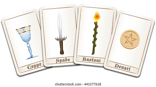 Tarot cards with ITALIAN TERMS of the symbols: cups, swords, wands, pentacles. Isolated vector illustration on white background.