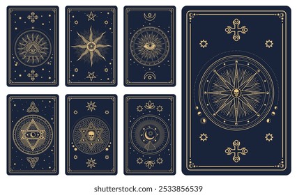 Tarotkarten mit magischen und mystischen Muster der Vektorlinie Mond und Sonne, Auge der Vorsehung, Schädel und Hexagramm. Hexe oder Zigeuner Vintage Tarotkartenrücken mit esoterischen, okkulten und astrologischen Symbolen