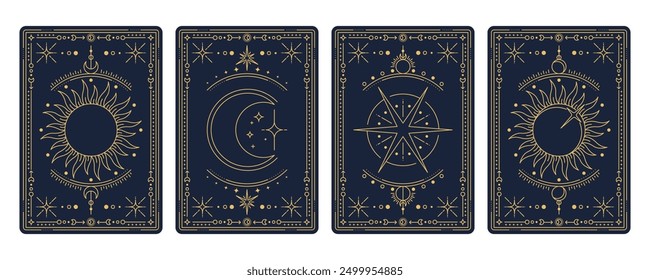 Tarot cards with magic occult and esoteric symbols and mystic signs, vector reverse decks. Tarot cards with golden line sun, moon crescent and star in celestial frames with sacred geometry design