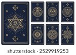 Tarot cards with magic signs and esoteric mystic symbols, vector decks covers. Tarot cards with esoteric magic sun and stars in pentagram with masons pyramid and Horus eye for reverse decks design