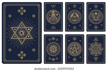 Cartões de tarô com sinais mágicos e símbolos místicos esotéricos, capas de decks vetoriais. Cartões de tarô com sol mágico esotérico e estrelas em pentagrama com pirâmide de maçons e olho de Hórus para projeto de conveses reversos