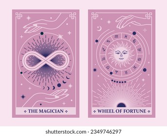 Tarot Karten The Magician und Wheel of Fortune, Celestial Tarot Cards Basic Hexentarot umgeben von Mond und Sternen. Vektorgrafik.