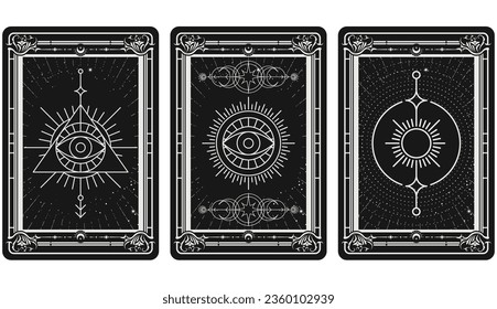 Tarot cards with mystical magic symbols, occult signs, all-seeing eye, occult tribal marks, vector