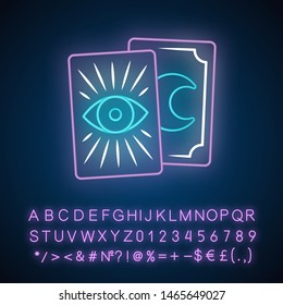 Tarot cards neon light icon. Tarocchi, tarock, oracle playing cards. Fortune telling, divination, cartomancy. Magic and superstition. Glowing sign with alphabet, numbers. Vector isolated illustration