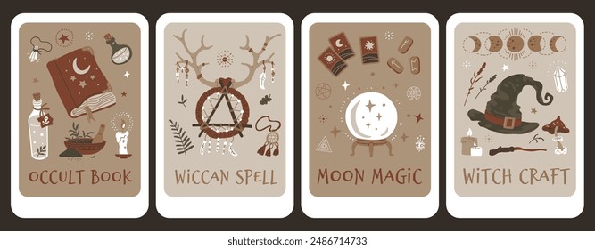 Tarot cards with occult book, Wiccan spell, magic moon, witch craft collection vector design. Set of vintage magic cards mystical spiritual signs. Wicca pagan faith symbols, esoteric item isolated