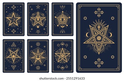 Cartões de tarô com símbolos ocultos, Sol, Lua e estrelas padrão de linha vetorial. Cartas de tarô mágicas, místicas e esotéricas, esquematizar crânio de ouro, olho de providência, pentagramas de alquimia e símbolos sagrados de ancoragem