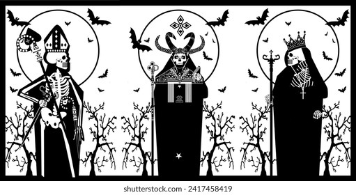 Tarot Cards poster black and white. Gothic skulls with horns and crown.   