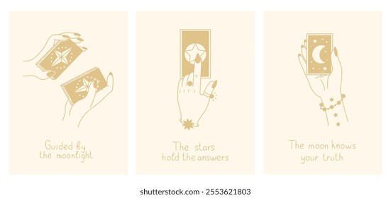 Tarot Cards Posters Set with Inspirational Text. Esoteric occult postcards and banners with motivational quotes in bohemian style. Golden color line art. Vector illustration