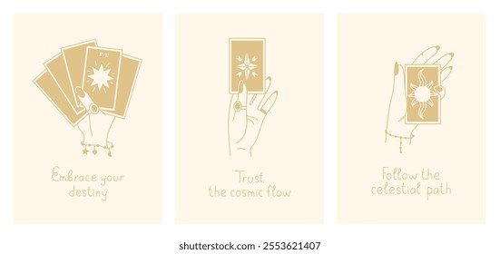 Tarot Cards Posters Set with Quotes. Woman hand gestures holding prediction tools with handwritten text. Esoteric banners. Vector illustration