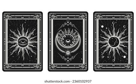 Tarot cards reverse side with esoteric and mystic symbols, all-seeing eye, sun and moon, sorcery signs, vector