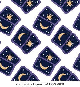 Tarot cards seamless pattern hand drawn in cartoon style. Divination and prediction concept. Vector flat illustration.