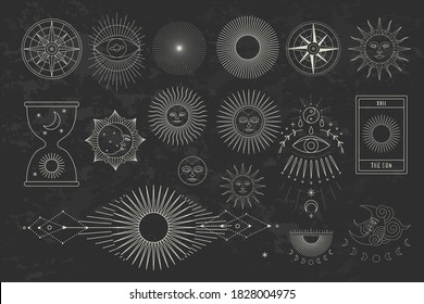 tarot cards, seance, astral sacred illustration. geometry, the solar system, cosmic bodies, the sun and the moon. Vector graphics