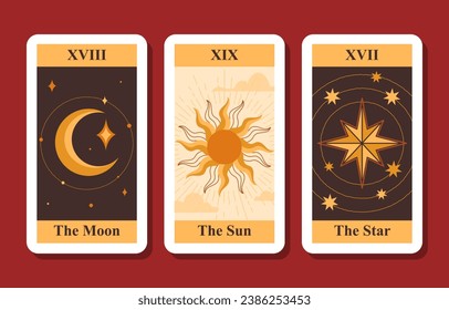 Tarot-Karten-Set. Crescent und die Sonne mit Sternen. Mystisch und Esoterismus, Religion. Vorhersage der Zukunft. Postkarten im böhmischen Stil. Cartoon-flache Vektorgrafik einzeln auf rotem Hintergrund