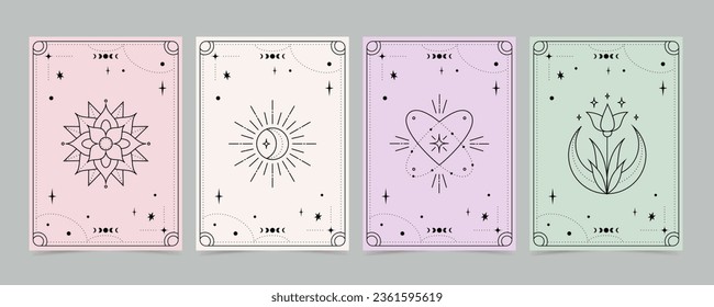 Tarot cards set - esoteric mystical deck design with spiritual symbols. Vector illustration template, boho style