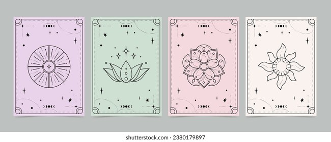 Tarot cards set - esoteric mystical deck design with spiritual symbols. Vector illustration template, boho style