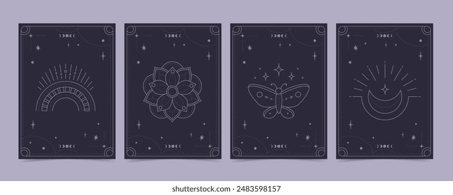 Tarot cards set - esoteric mystical deck with spiritual symbols. Vector design template, boho style