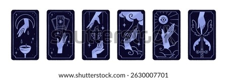Tarot cards set. Fortune telling, divination by esoterics, zodiacs and astrology. Designs of backs with hands, spiritual crystal, magic arcana of swords, cups, pentacles. Flat vector illustrations