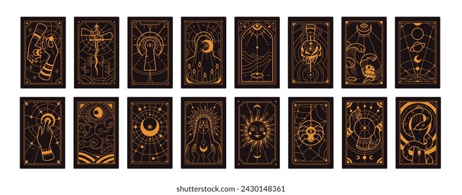 Tarot cards set. Magic mystic deck design, arcanas. Sacred esoteric symbols, occult celestial spiritual signs, patterns. Divination taro pack with sun, moon, eye. Flat graphic vector illustrations