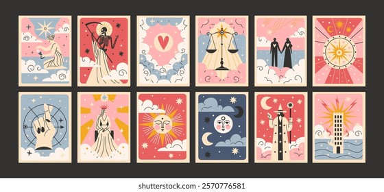 Tarot cards set major Arcana. Celestial magic poters with esoteric mystical symbols. Set for fortune telling. Spiritual illustrations with signs of fate predictions