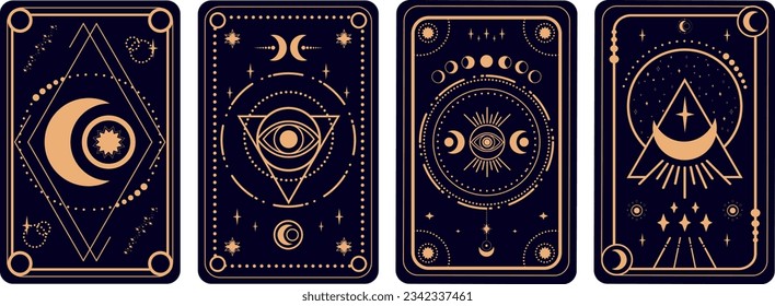 Tarjetas Tarot montadas sobre fondo negro. Creciente, estrellas y símbolos de ojos mágicos. Simbolismo tarot. Misterio, astrología, esotérico. Ilustración del vector