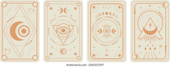 Tarjetas Tarot establecidas en fondo blanco. Creciente, estrellas y símbolos de ojos mágicos. Simbolismo tarot. Misterio, astrología, esotérico. Ilustración del vector