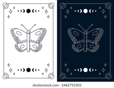 Tarot cards set with outline line art butterfly. Esoteric mystical split deck for prediction. Vector design template, boho style. Monochrome outline design