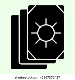 Tarot cards solid icon. Oracle card stack with sun circle image glyph style pictogram on white background. Occult, witchcraft magical tool for mobile concept and web design. Vector graphics