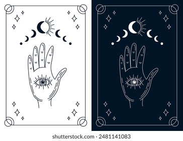 Juego de cartas de tarot - baraja mística esotérica con mano y ojo espirituales. Plantilla de diseño de Vector, estilo boho. Diseño monocromo