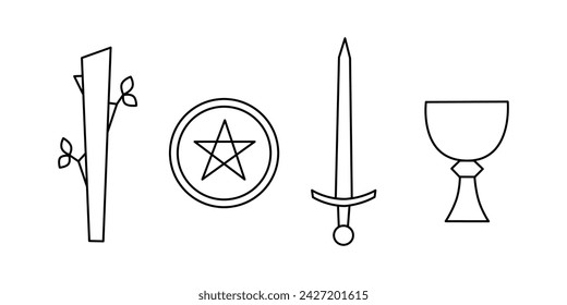 Tarot cards suits, wands, swords, pentacles, cups line art vector illustration. Minor arcana symbols