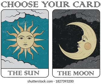 Tarot Cards The Sun and The Moon - Choose your card - Hand drawn vector - Mystic Themed Illustration