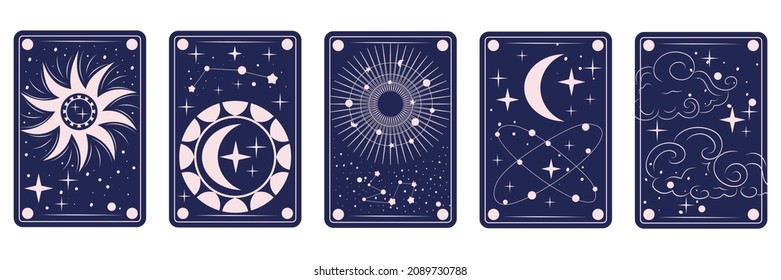 Tarotkarten mit Sonne, Mond, Sternen und Sternbildern.Himmlisches Nachtzodiakdesign. Eine Reihe von Tarot-Karten zur Divination. Astrologie und Vorhersage im flachen Stil. Vektorgrafik