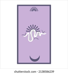 Tarjetas Tarot con sol y serpientes aisladas en un fondo blanco. Magia celeste para ocultación y adivinación. Tarjetas de minimalismo púrpura. Serpiente con la luna. Ilustración vectorial plana