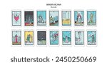 Tarot cards vector deck . Minor Arcana Swords set. Occult esoteric spiritual Tarot Ace, King, Queen, Knight, Page, Two through Ten signs. Isolated colored hand drawn illustrations