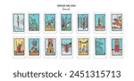 Tarot cards vector deck . Minor Arcana Wands set. Occult esoteric spiritual Tarot Ace, King, Queen, Knight, Page, Two through Ten signs. Isolated colored hand drawn illustrations