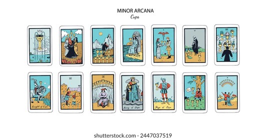  Tarot cards vector deck . Minor Arcana Cups set. Occult esoteric spiritual Tarot Ace, King, Queen, Knight, Page, Two through Ten signs. Isolated colored hand drawn illustrations