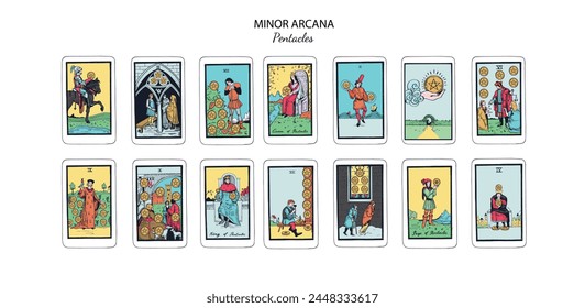 Tarot cards vector deck . Minor Arcana Pentacles set. Occult esoteric spiritual Tarot Ace, King, Queen, Knight, Page, Two through Ten signs. Isolated colored hand drawn illustrations