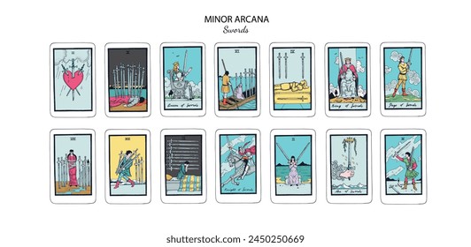 Tarot cards vector deck . Minor Arcana Swords set. Occult esoteric spiritual Tarot Ace, King, Queen, Knight, Page, Two through Ten signs. Isolated colored hand drawn illustrations