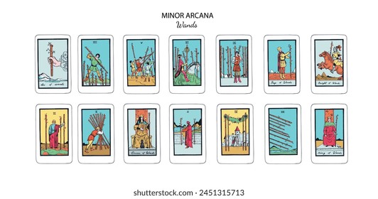 Tarot cards vector deck . Minor Arcana Wands set. Occult esoteric spiritual Tarot Ace, King, Queen, Knight, Page, Two through Ten signs. Isolated colored hand drawn illustrations