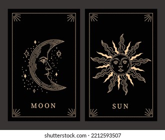 Tarot-Karten. Vektorgrafik von Mond und Sonne. Handgezeichnete Himmelsillustrationen.
Design-Elemente für die Dekoration in modernem Stil. magische Zeichnungen. lineare Zeichnung.